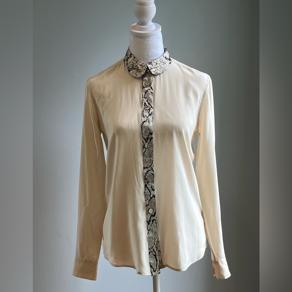 Equipment Femme 100% Silk Snake Print Trim Button Long Sleeve Shirt Women’s XS
